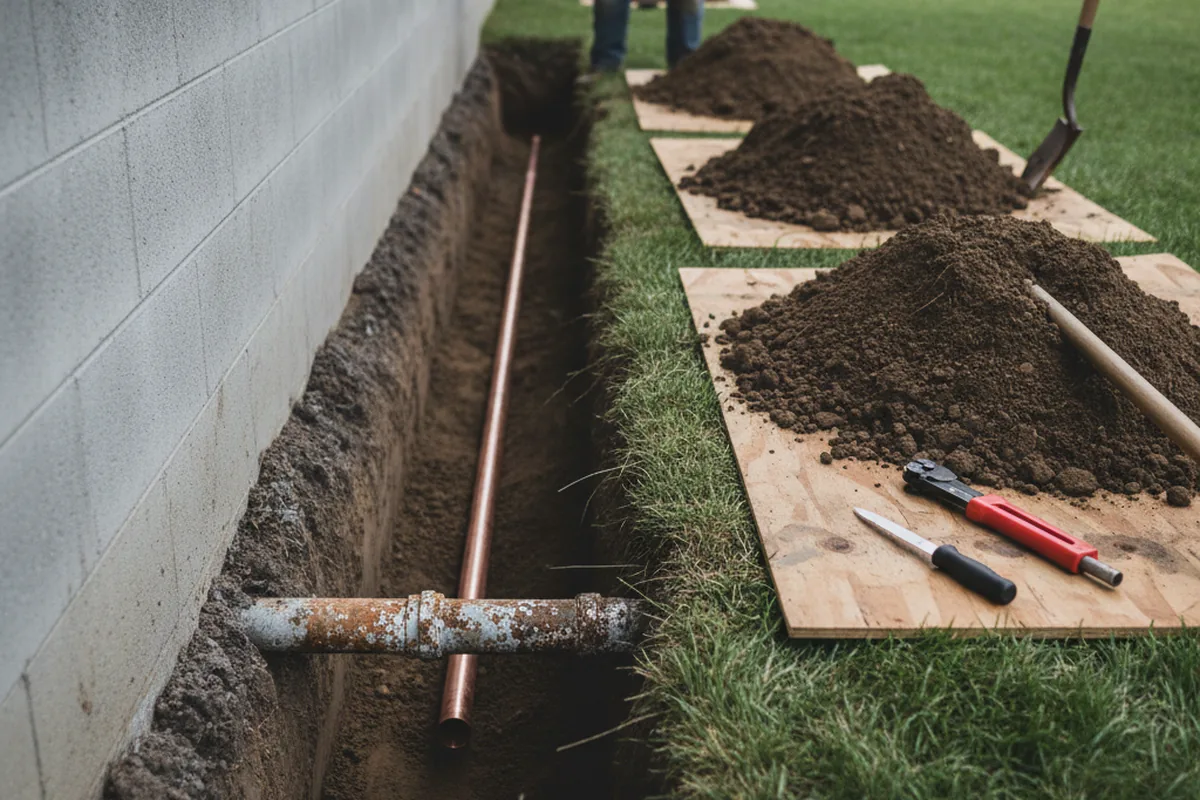 Excavated water line trench during Water Softener Installation in Englewood Cliffs